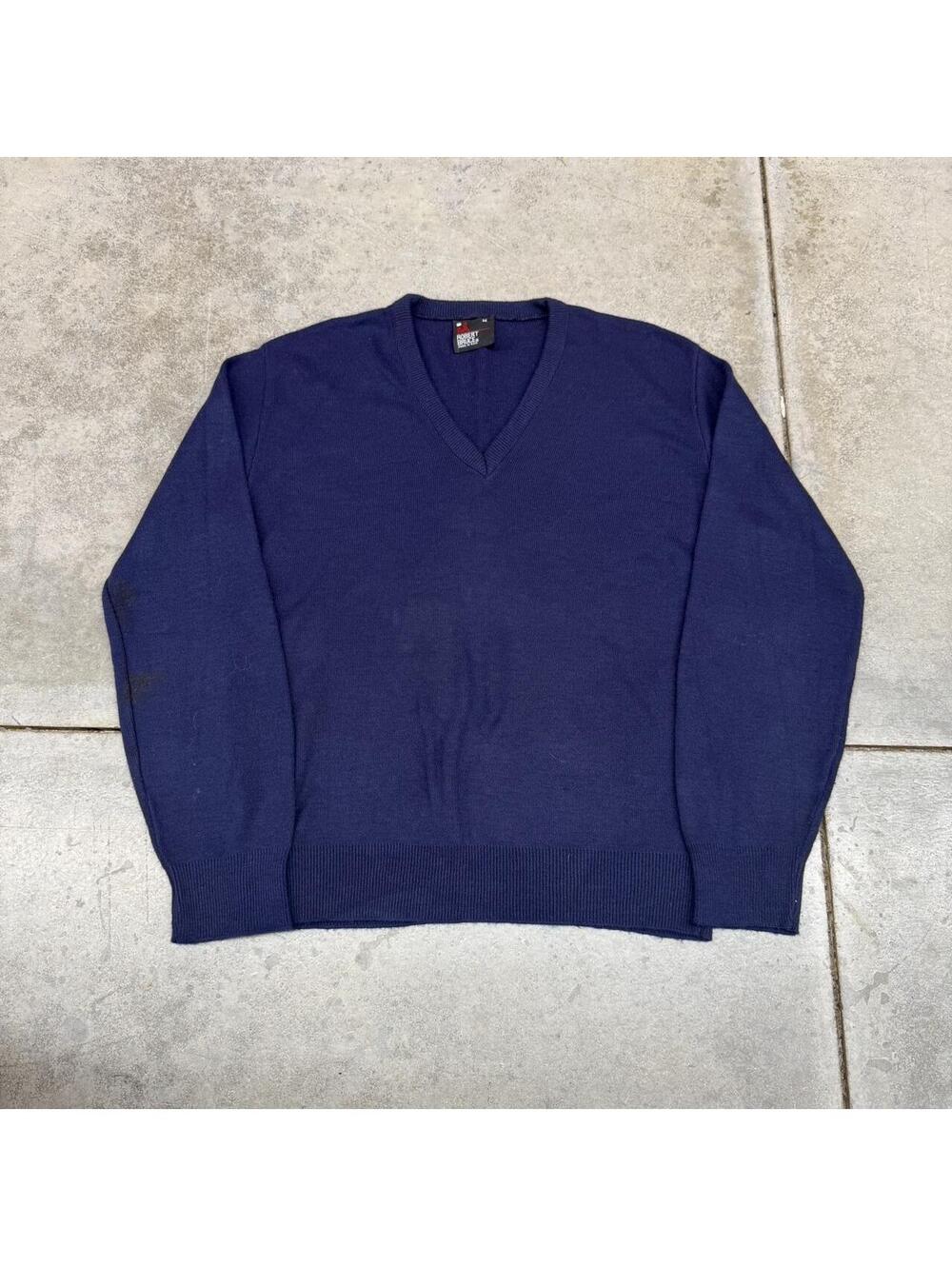 vintage robert bruce made in usa v neck navy knit sweater size medium HAS STAINS